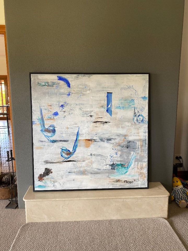 Not too much colour but with tonnes of movement and music. Acrylic Abstract in soft blues and greys. Modern art capturing beautiful light and love